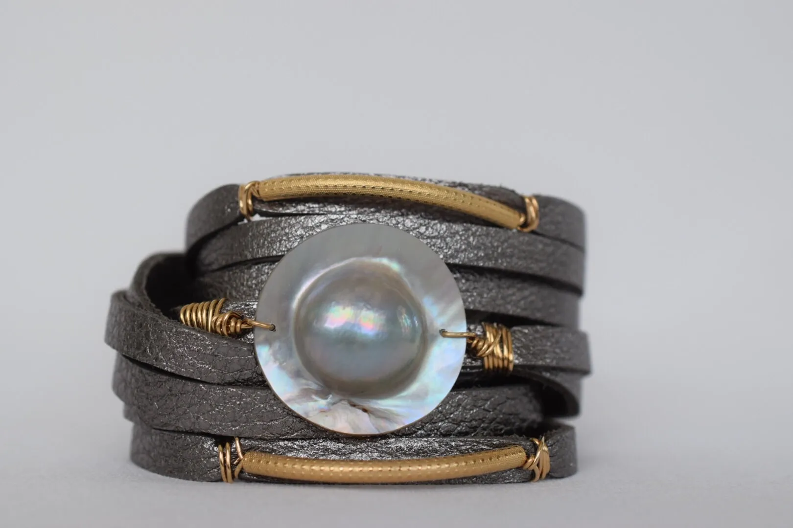 Mabé Pearl Leather Cuff, One of a Kind