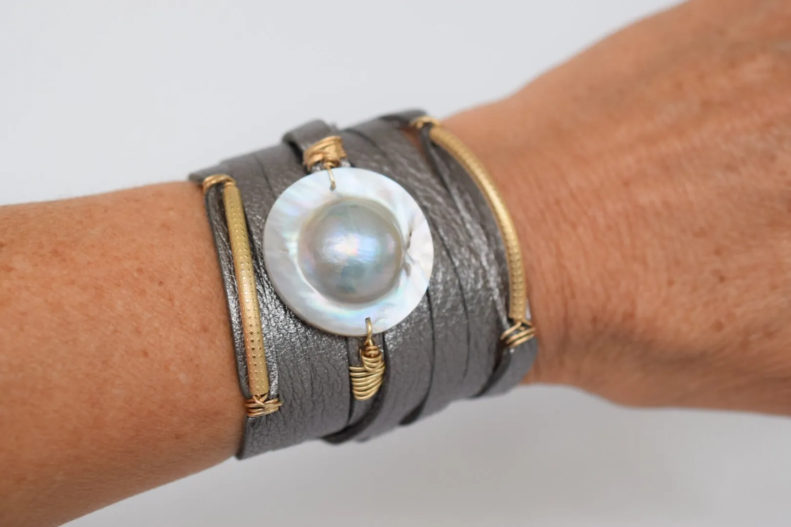 Mabé Pearl Leather Cuff, One of a Kind