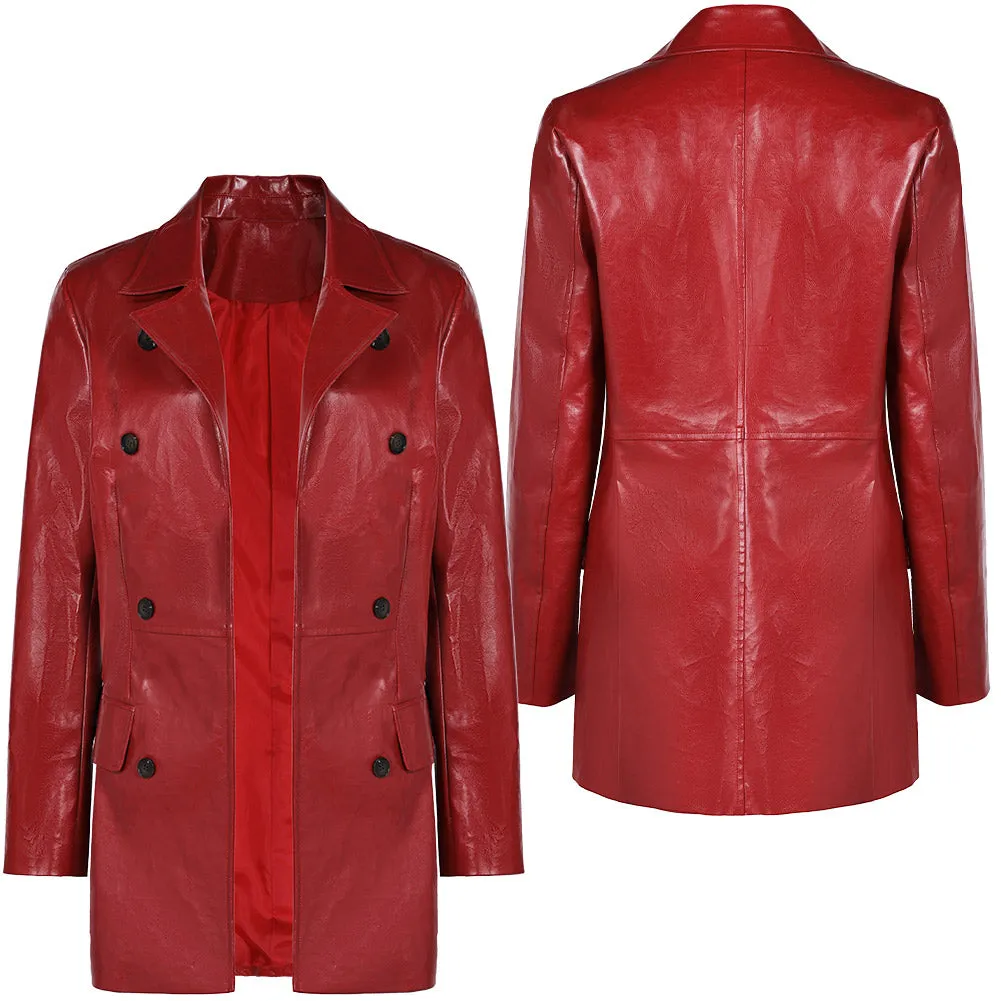 Madame Web Red Leather Coat Cosplay Costume Outfits Halloween Carnival Suit