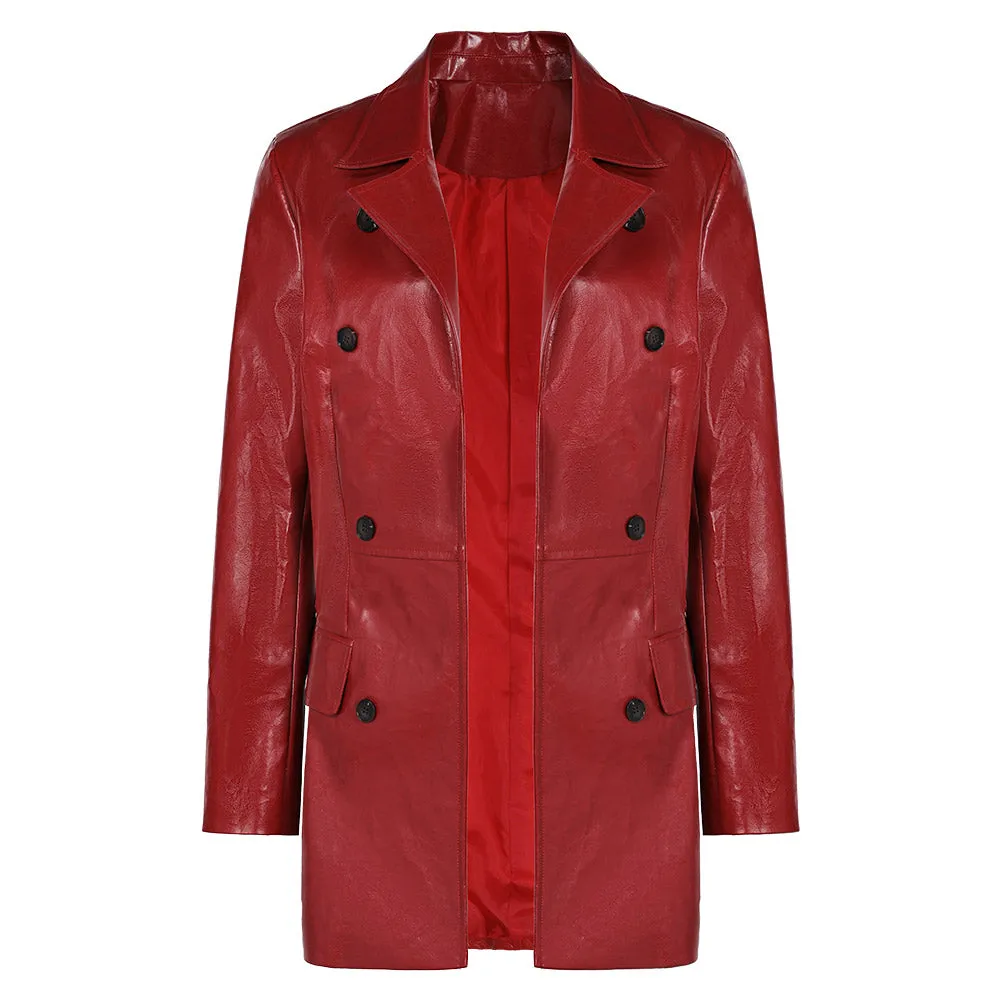 Madame Web Red Leather Coat Cosplay Costume Outfits Halloween Carnival Suit