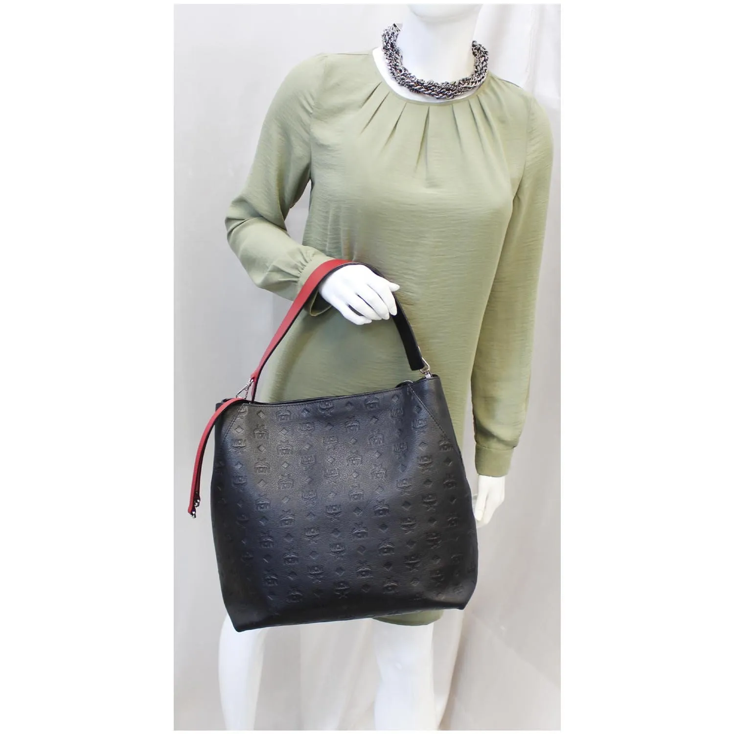 MCM Klara Monogram Leather Hobo Bag Black