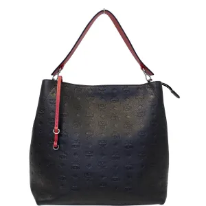 MCM Klara Monogram Leather Hobo Bag Black