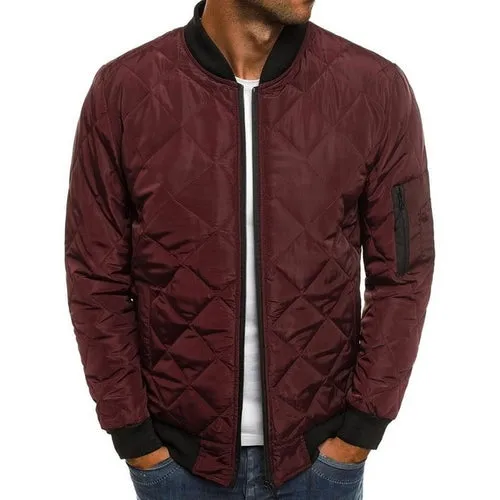 Men's Casual Trendy Rhombus Winter Zip Front  Mid Waist Jacket