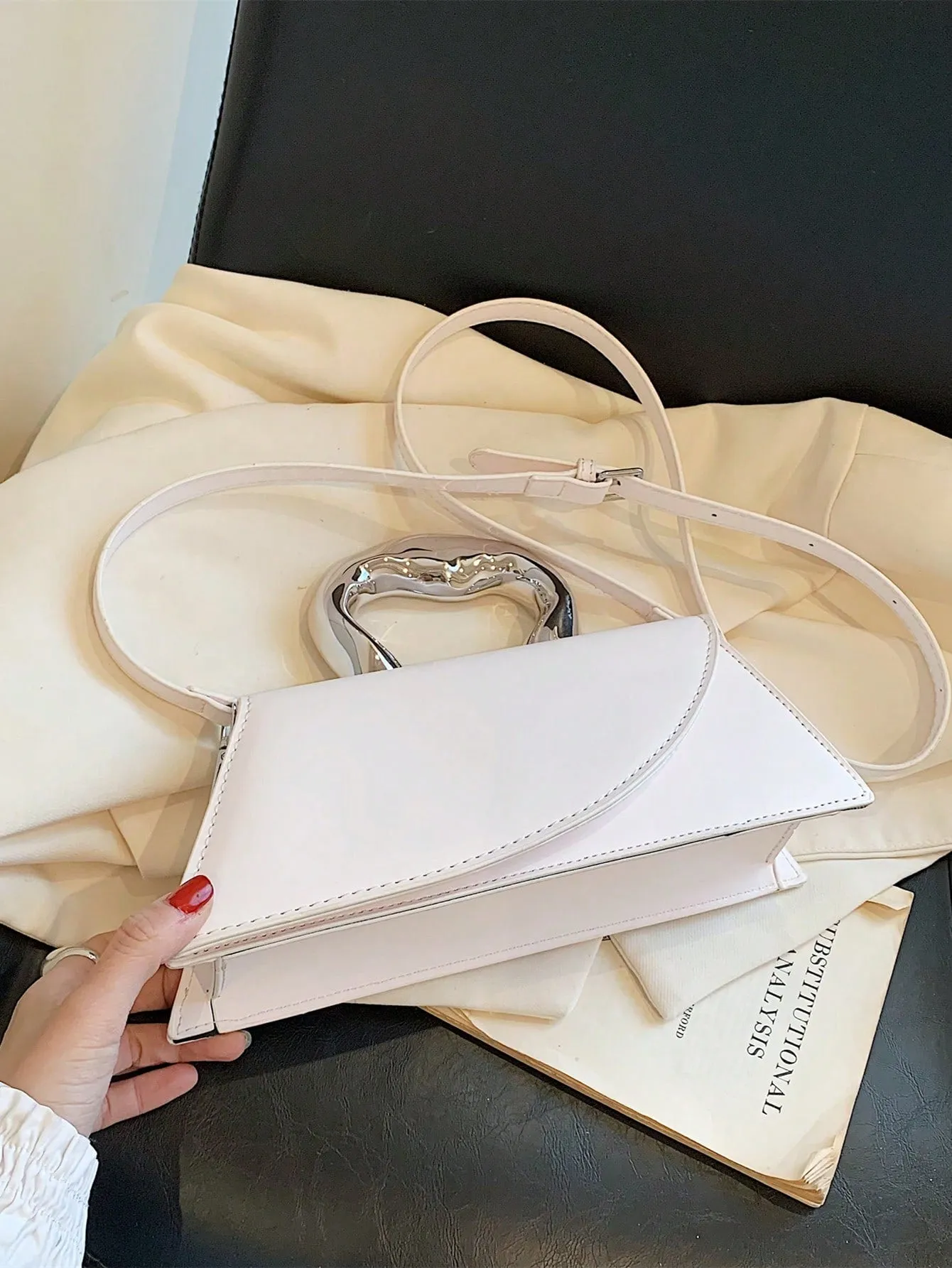 Metal Handle Medium Flap Baguette Bag - White