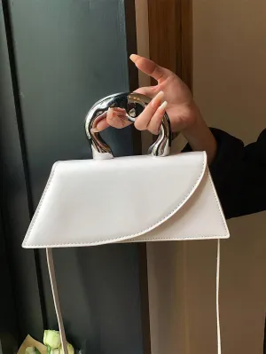 Metal Handle Medium Flap Baguette Bag - White