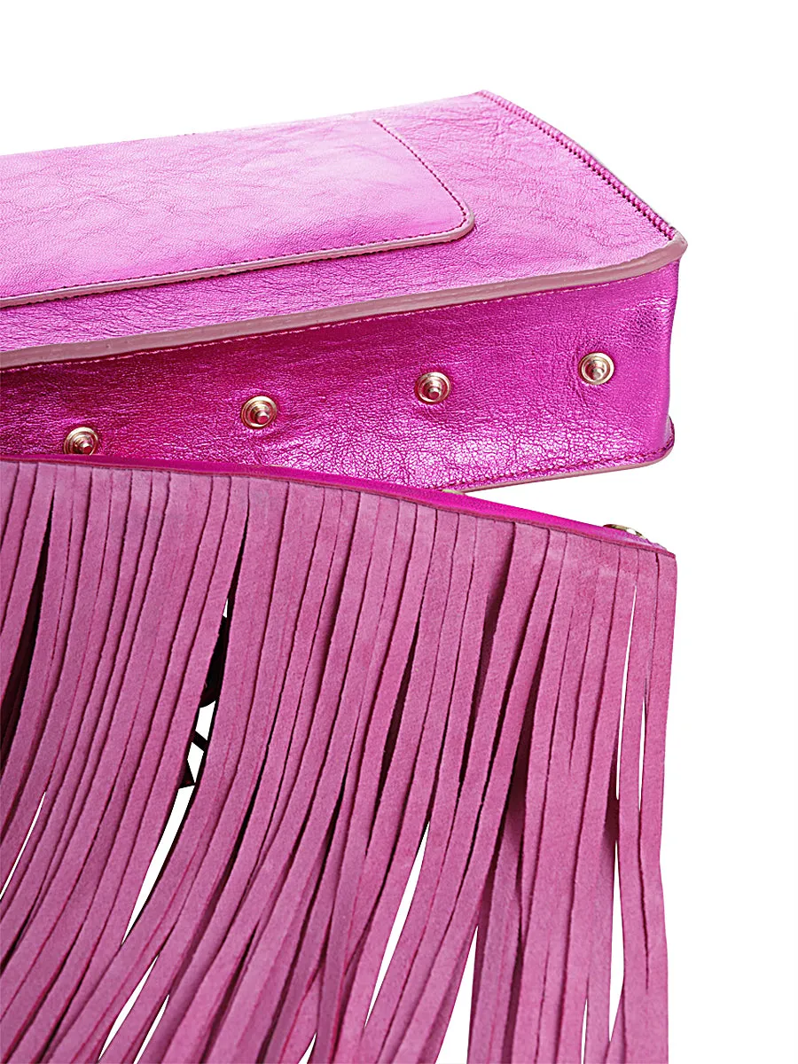 Metallic Leather Satchel Bag with Rainbow Tassel