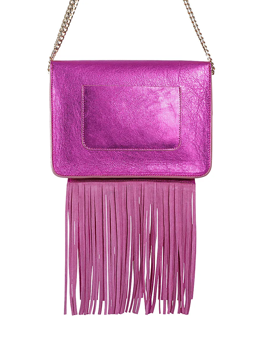 Metallic Leather Satchel Bag with Rainbow Tassel