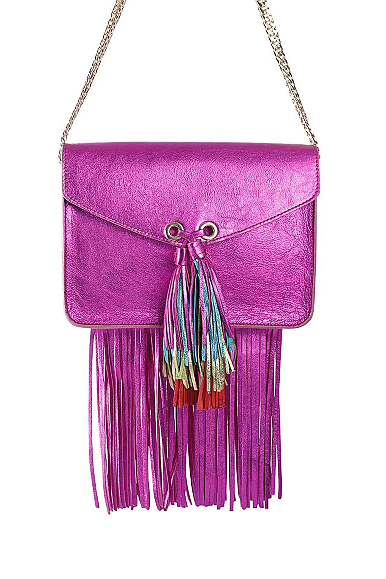Metallic Leather Satchel Bag with Rainbow Tassel