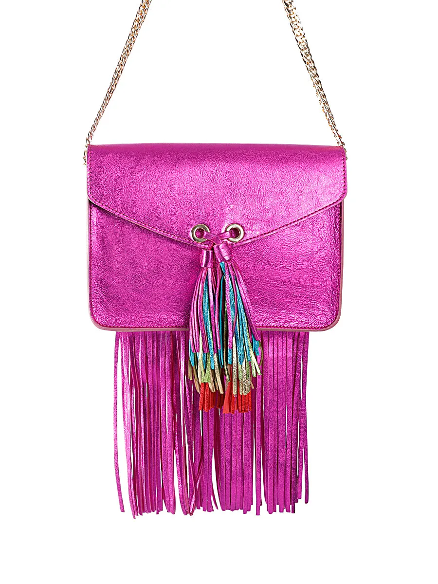 Metallic Leather Satchel Bag with Rainbow Tassel