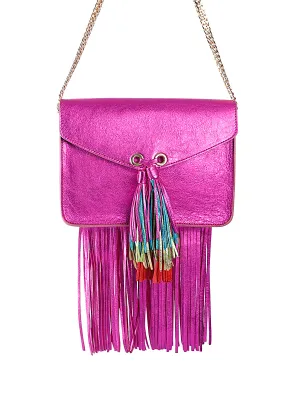Metallic Leather Satchel Bag with Rainbow Tassel