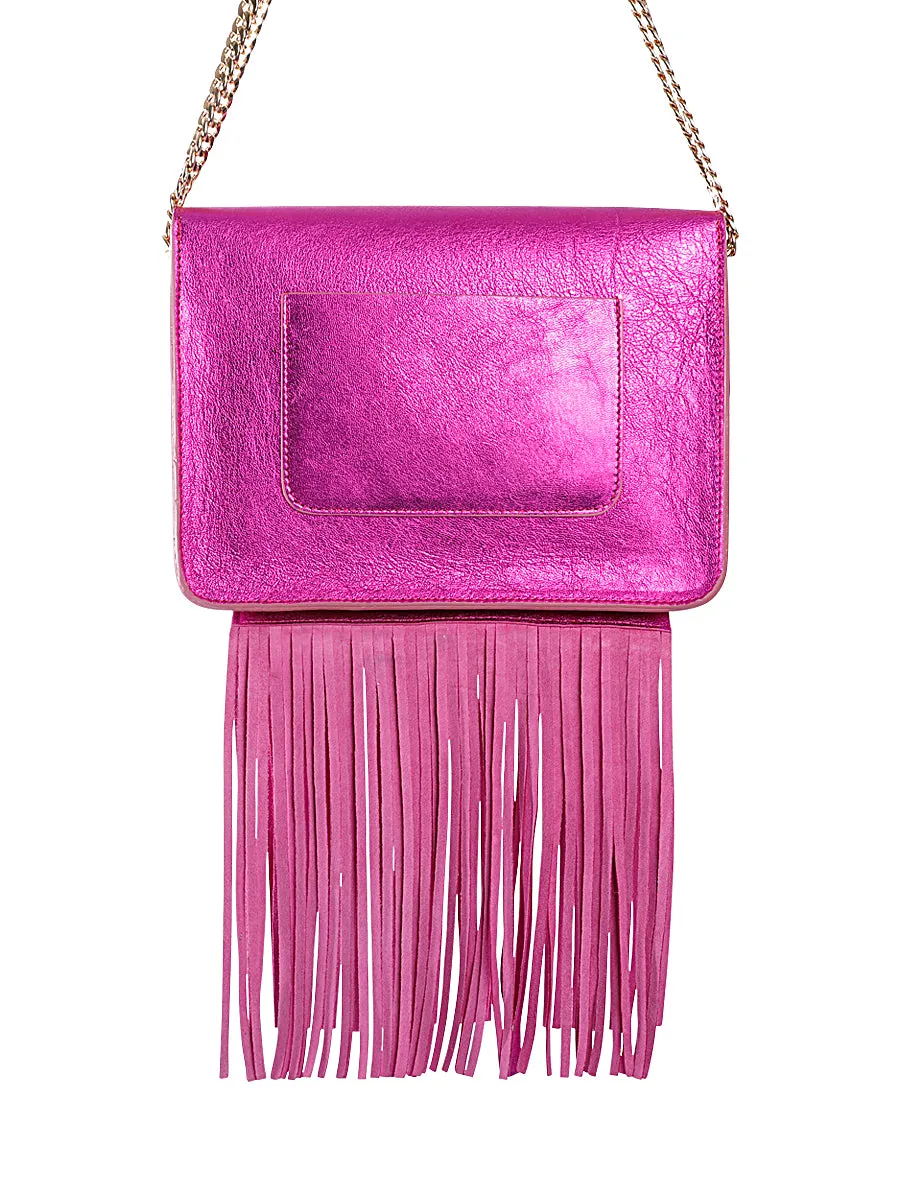 Metallic Leather Satchel Bag with Rainbow Tassel