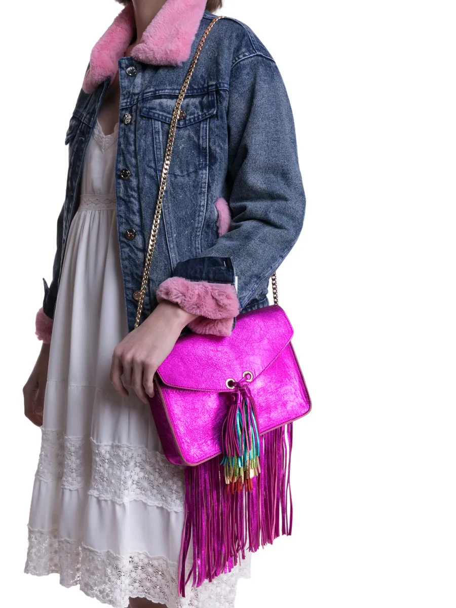Metallic Leather Satchel Bag with Rainbow Tassel