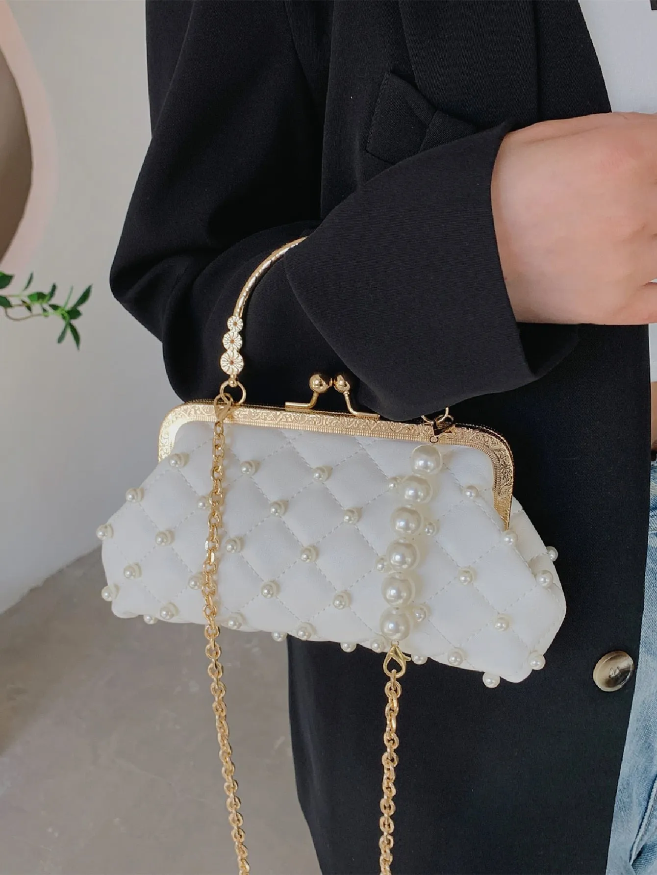 Mini Faux Pearl Decor Quilted Satchel Bag - White