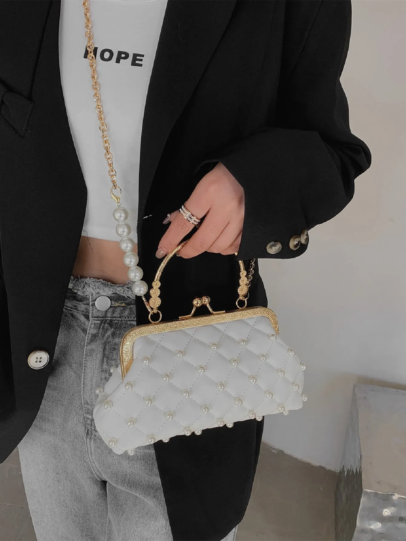 Mini Faux Pearl Decor Quilted Satchel Bag - White