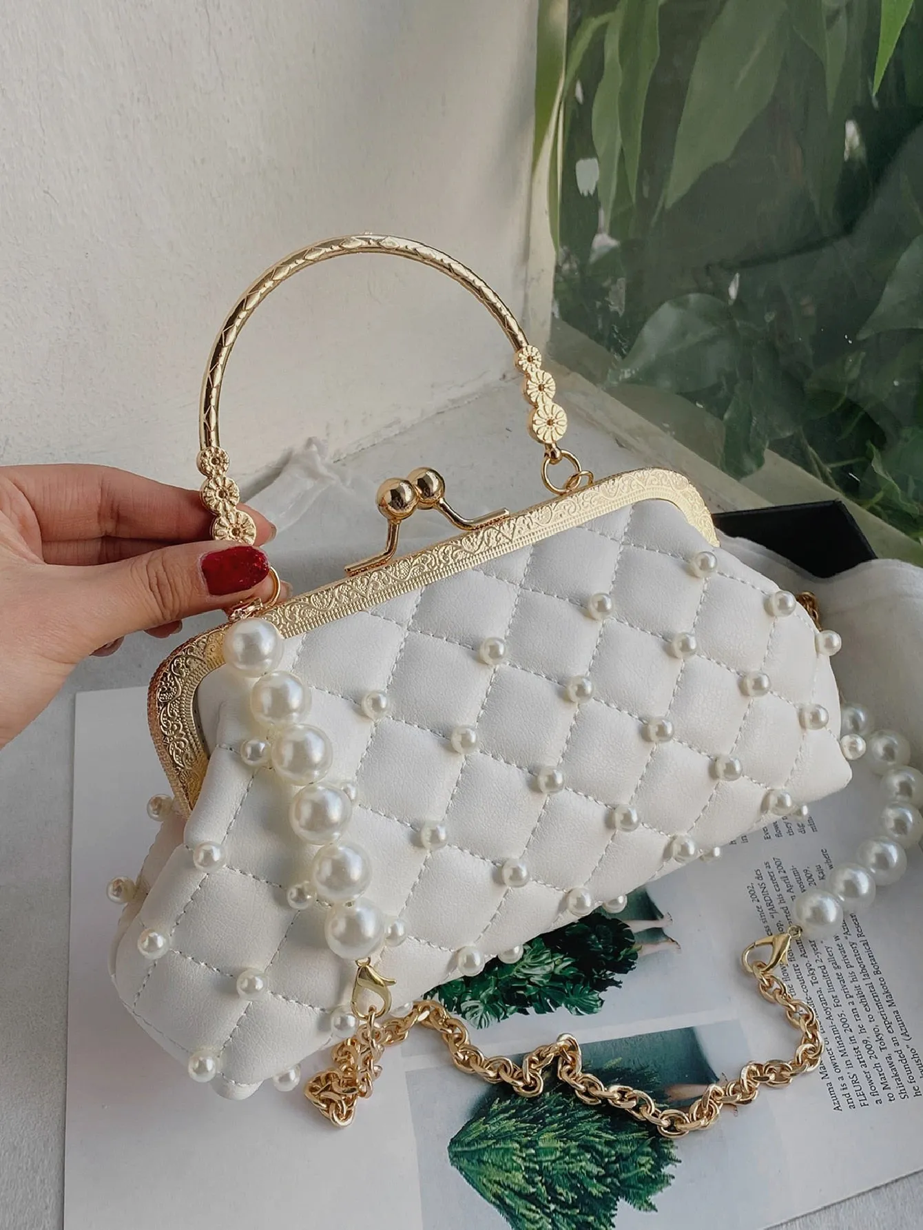 Mini Faux Pearl Decor Quilted Satchel Bag - White
