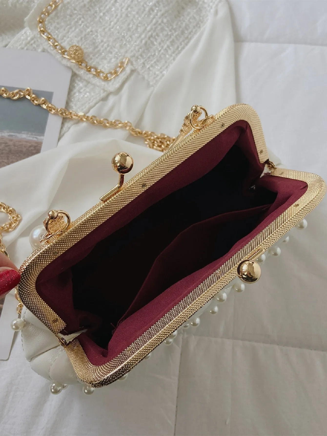 Mini Faux Pearl Decor Quilted Satchel Bag - White