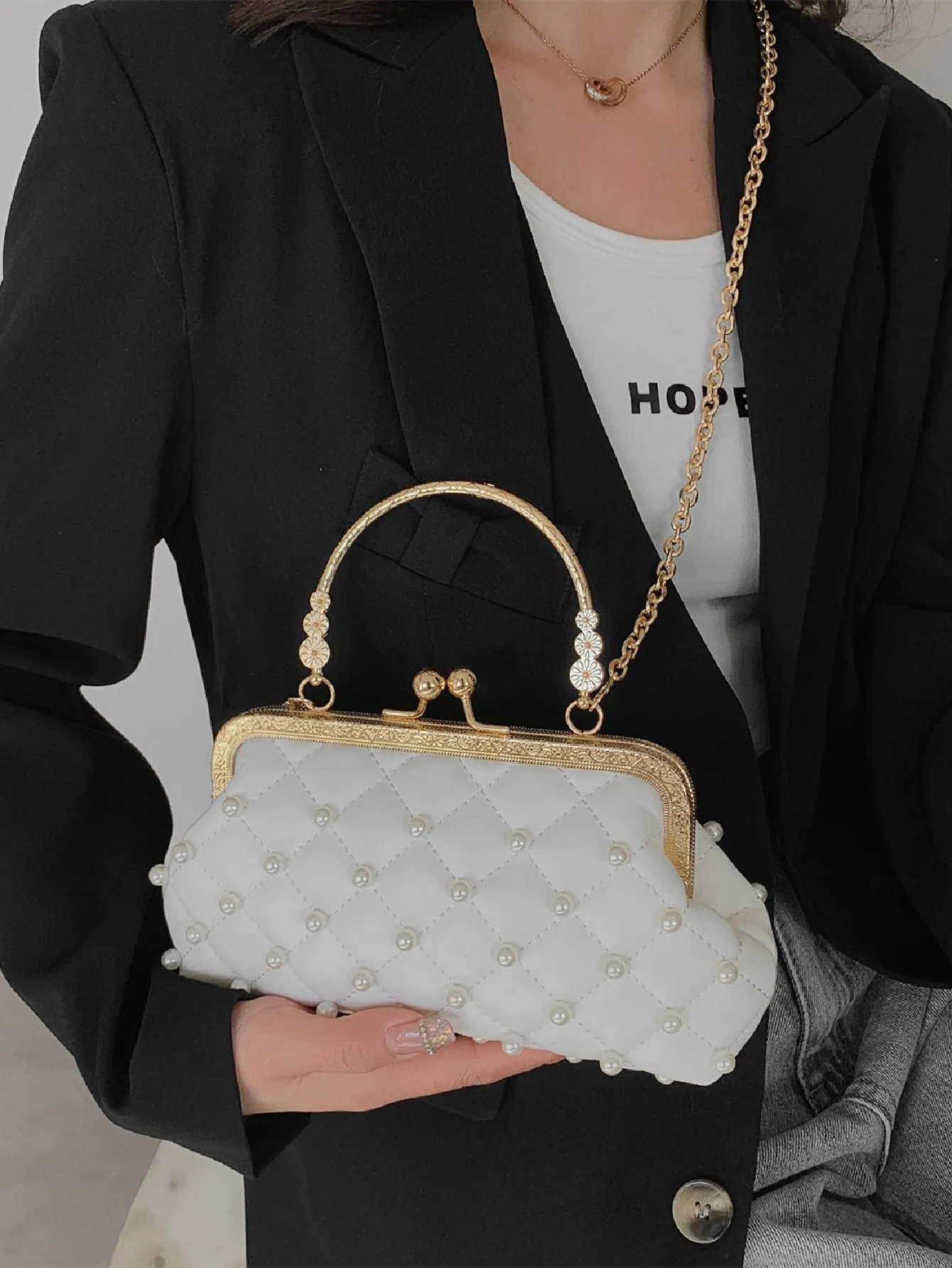 Mini Faux Pearl Decor Quilted Satchel Bag - White