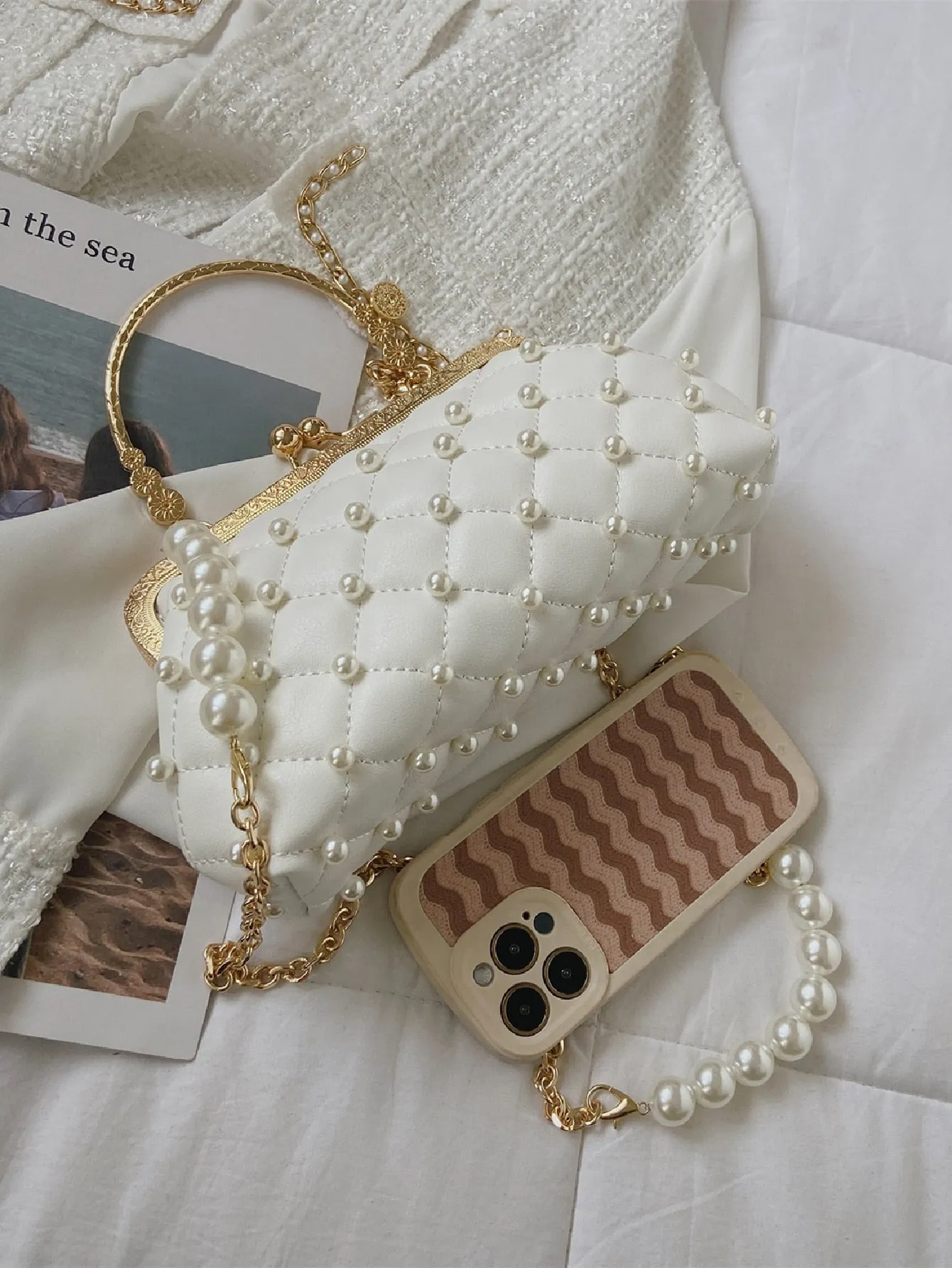 Mini Faux Pearl Decor Quilted Satchel Bag - White