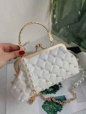 Mini Faux Pearl Decor Quilted Satchel Bag - White