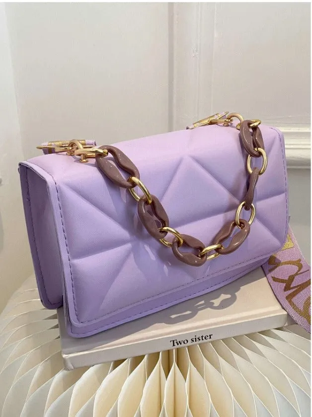 Minimalist Embossed Chain Satchel Bag - Purple