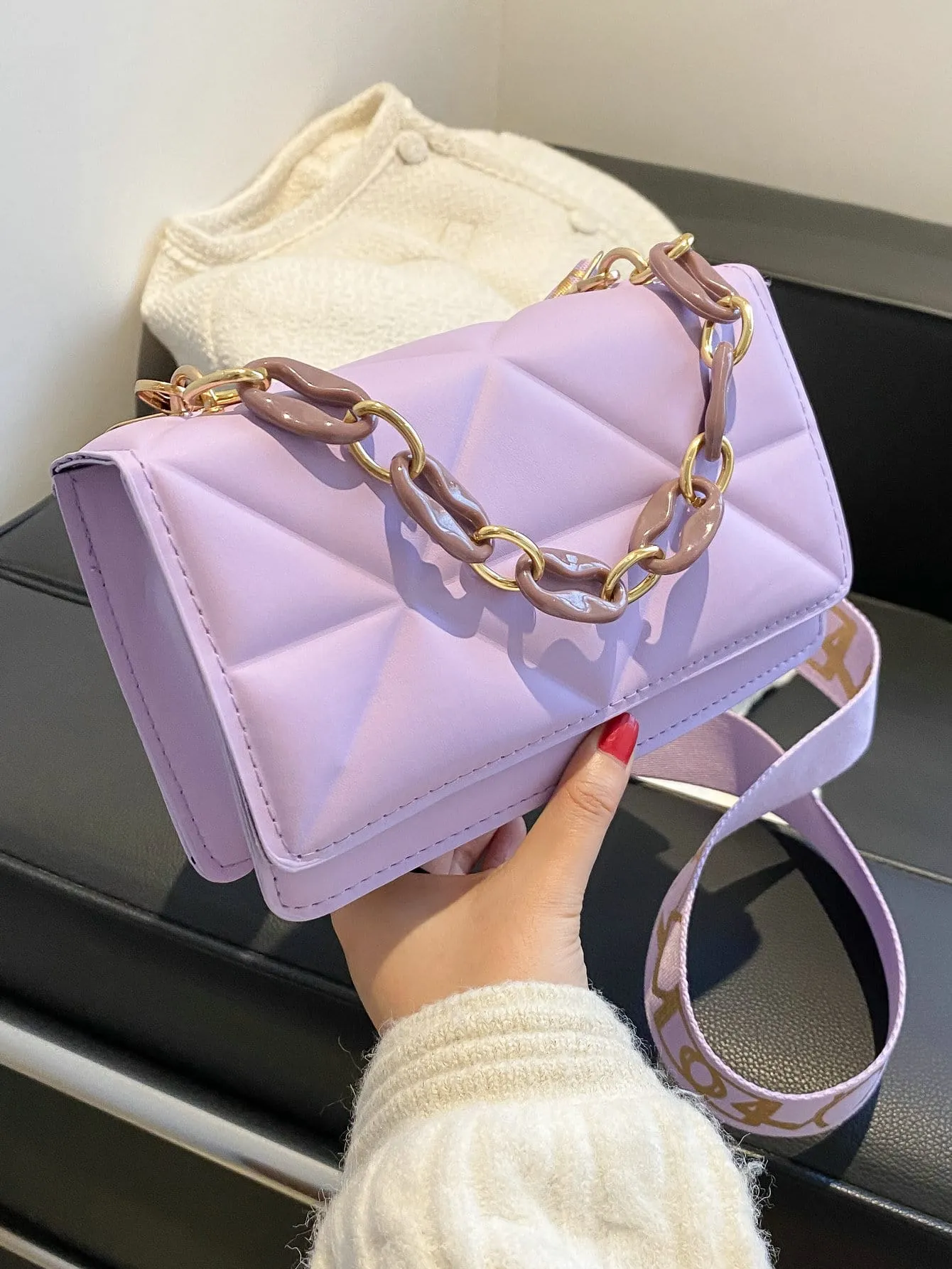 Minimalist Embossed Chain Satchel Bag - Purple