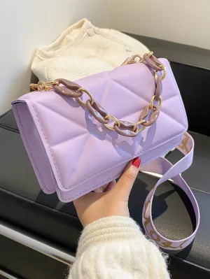 Minimalist Embossed Chain Satchel Bag - Purple