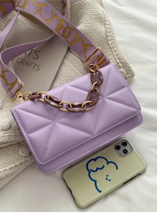 Minimalist Embossed Chain Satchel Bag - Purple