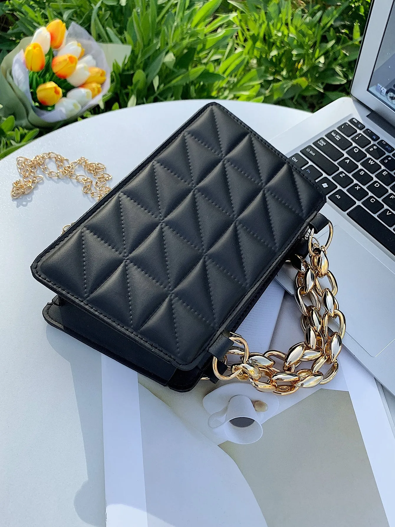 Minimalist Quilted Square Bag - Black