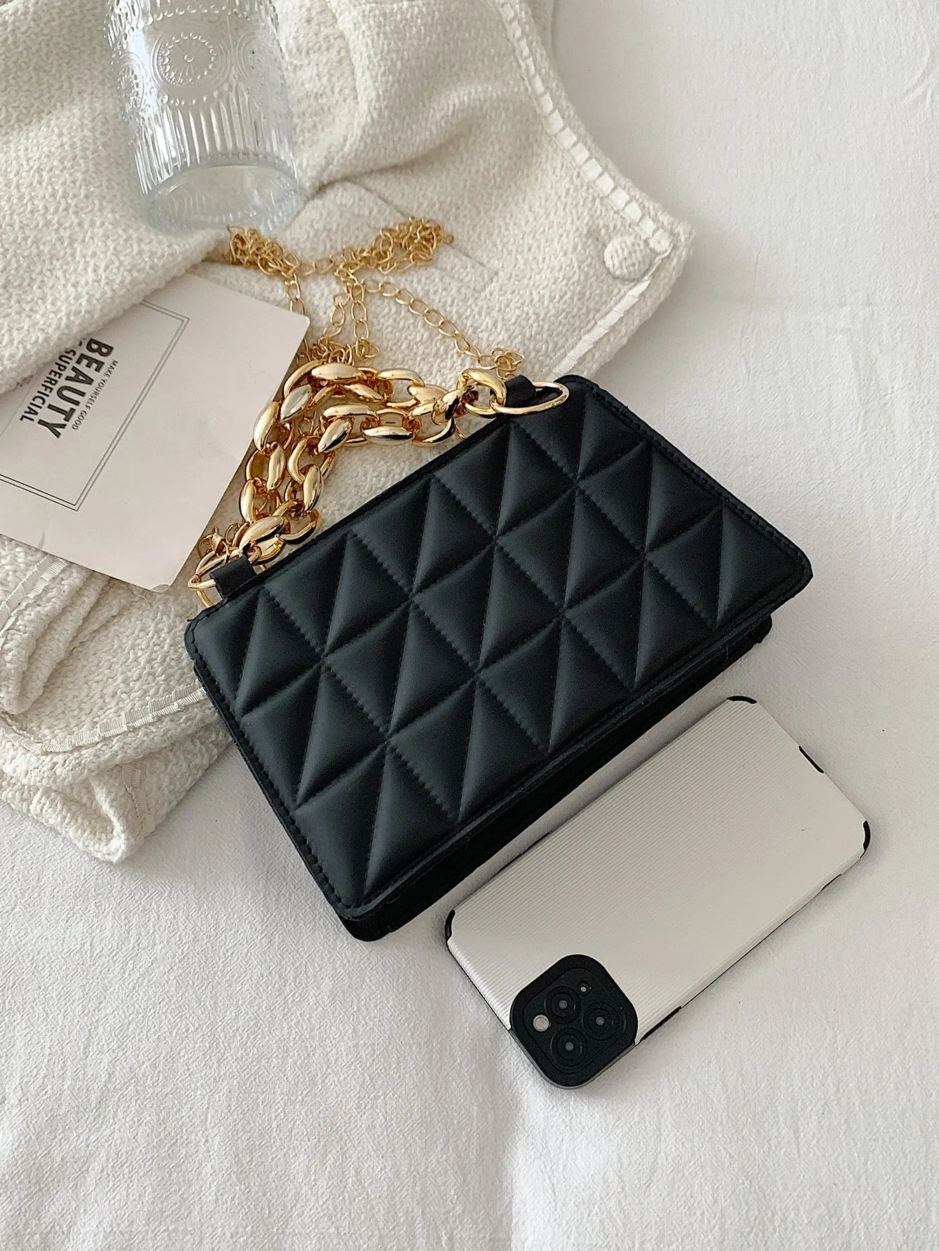 Minimalist Quilted Square Bag - Black