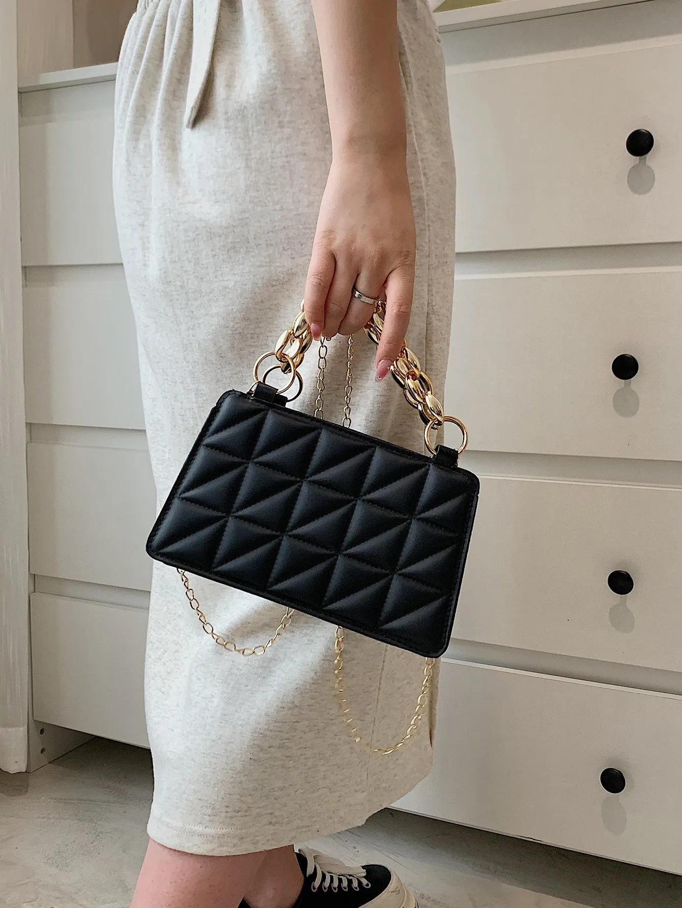 Minimalist Quilted Square Bag - Black