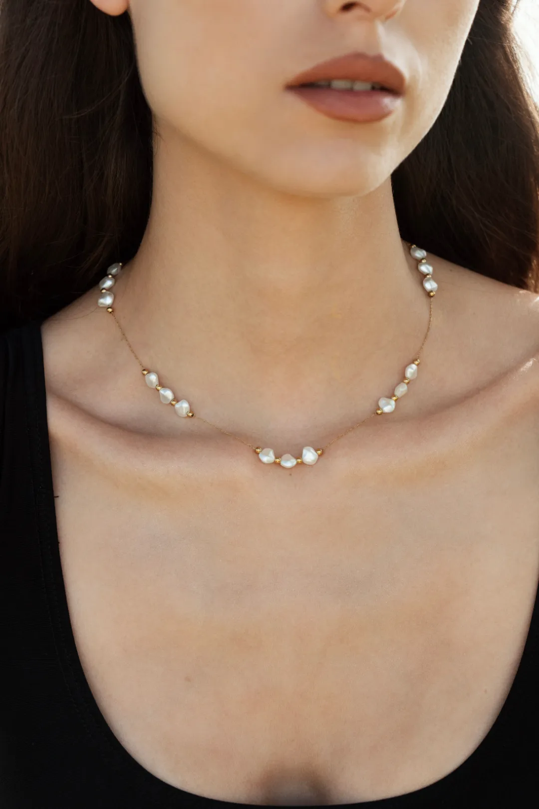 Mireille Gold Pearl Station Necklace