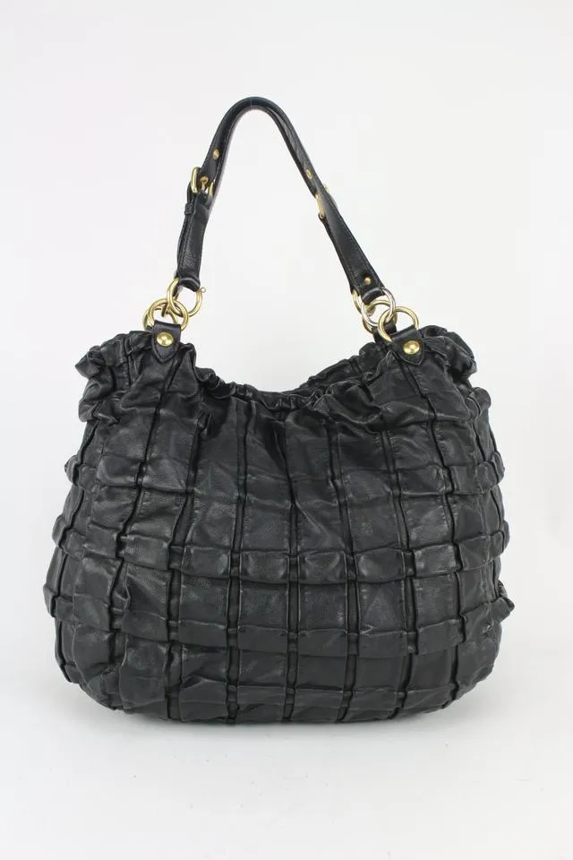 Miu Miu Black Leather Quilted Ruffle Hobo Bag 44miu722