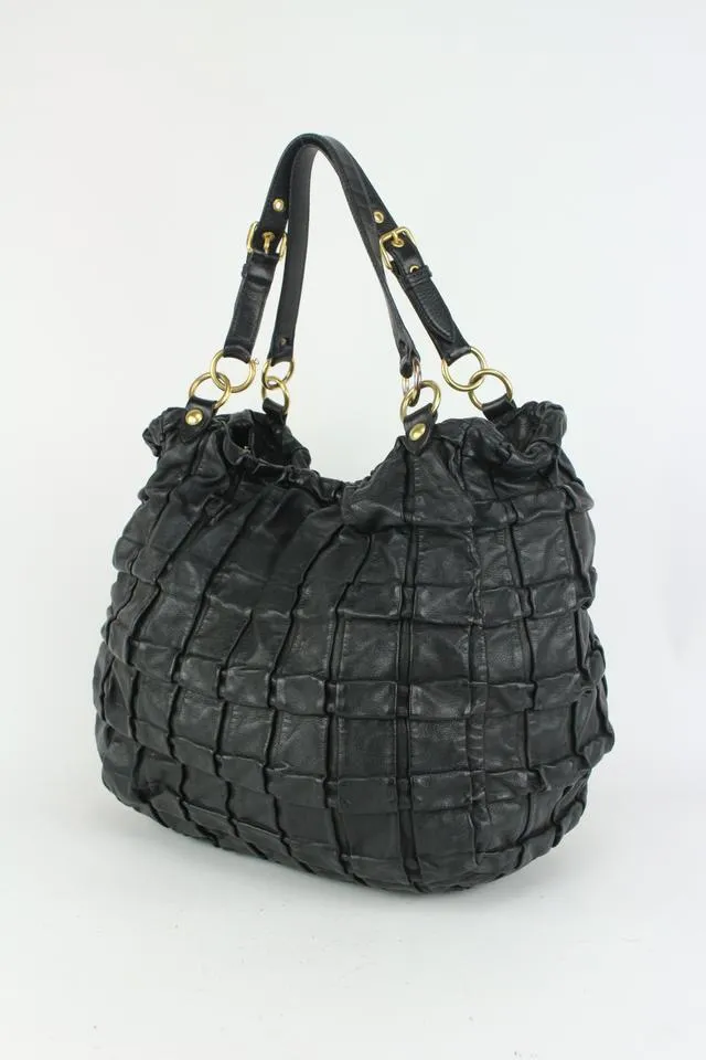 Miu Miu Black Leather Quilted Ruffle Hobo Bag 44miu722