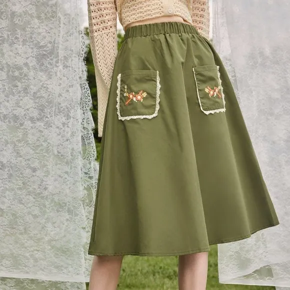 New Floral Embroidery Dual Pocket Skirt Green