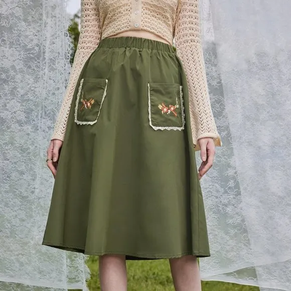 New Floral Embroidery Dual Pocket Skirt Green