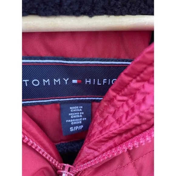 NEW Tommy Hilfiger Coat Womens S Red Quilted Hooded Parka Navy Shearling