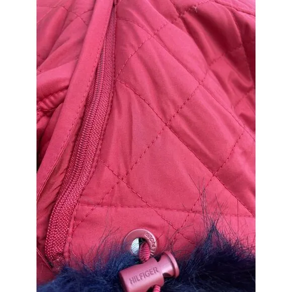 NEW Tommy Hilfiger Coat Womens S Red Quilted Hooded Parka Navy Shearling