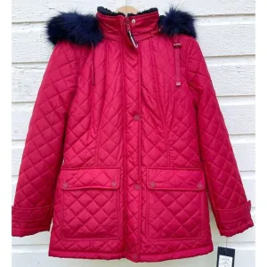 NEW Tommy Hilfiger Coat Womens S Red Quilted Hooded Parka Navy Shearling
