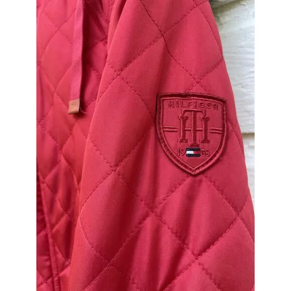 NEW Tommy Hilfiger Coat Womens S Red Quilted Hooded Parka Navy Shearling