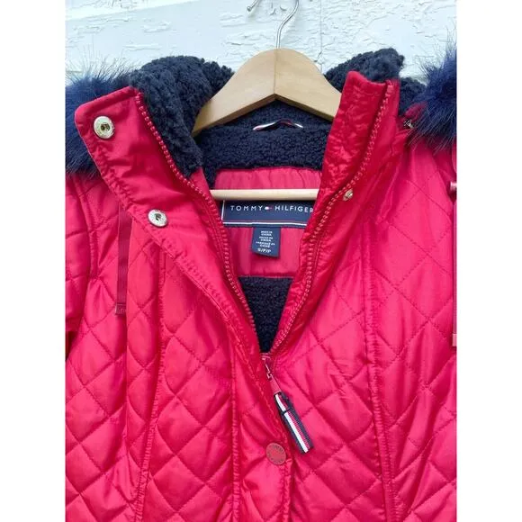 NEW Tommy Hilfiger Coat Womens S Red Quilted Hooded Parka Navy Shearling