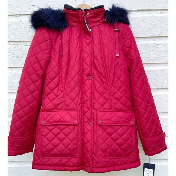 NEW Tommy Hilfiger Coat Womens S Red Quilted Hooded Parka Navy Shearling