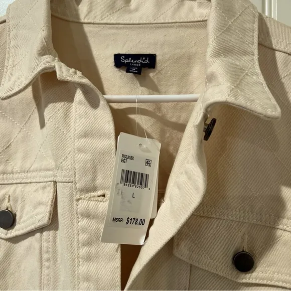 NWT SPLENDID FRAYED IVORY CROPPED DENIM JACKET, EGRET, LARGE