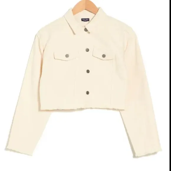 NWT SPLENDID FRAYED IVORY CROPPED DENIM JACKET, EGRET, LARGE