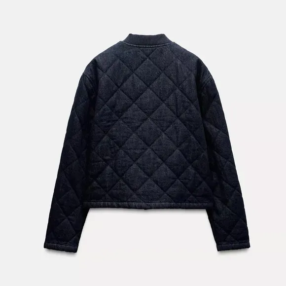 NWT Zara Quilted Denim Bomber Jacket in Dark Wash - S