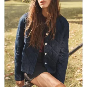 NWT Zara Quilted Denim Bomber Jacket in Dark Wash - S