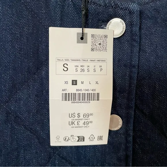 NWT Zara Quilted Denim Bomber Jacket in Dark Wash - S