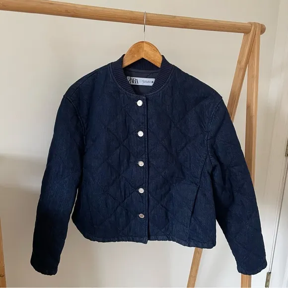 NWT Zara Quilted Denim Bomber Jacket in Dark Wash - S