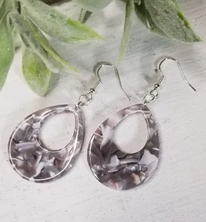 Open Teardrop Acrylic Grey/White Earrings