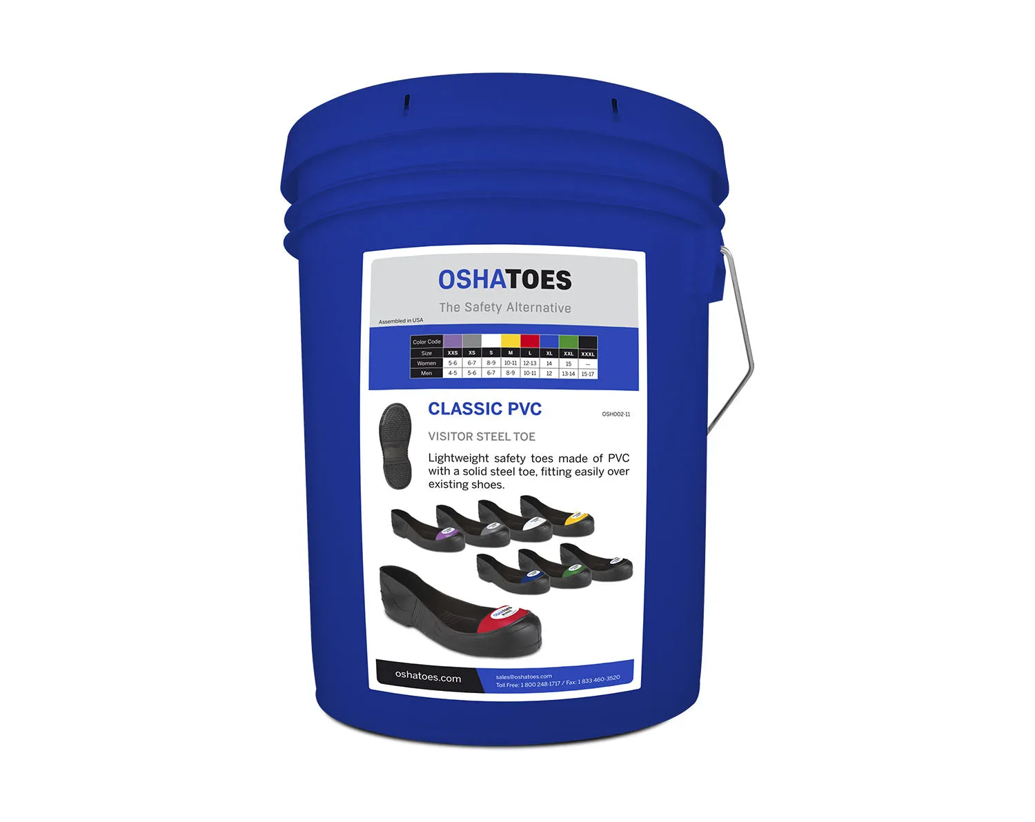 OSHBUCO-11, Visitor Bucket 9 Pairs Prepack Steel Toe Cap Safety Overshoes, Classic PVC (Color Coded by Size)
