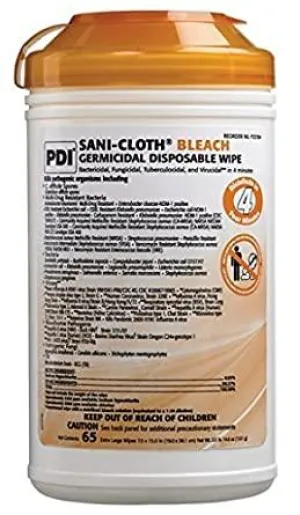 PDI P25784 Bleach Disinfectant Wipes, X-Large, Case, 6 Canisters, 390 Wipes, 7.5" x 15", Canister
